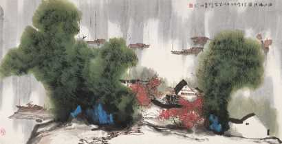 杨延文 甲子（1984年）作 漓江晓泊图 镜心